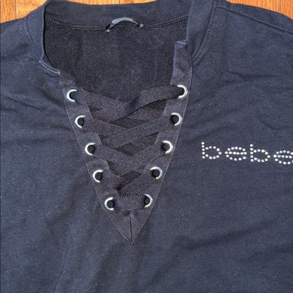 Bebe Black Lace-Up Crop Top Size Small Y2K Bling - Picture 3 of 7